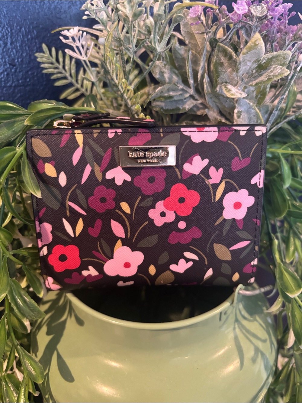 kate spade Black Floral Zip Cosmetic Pouch with Pink and Red Flowers